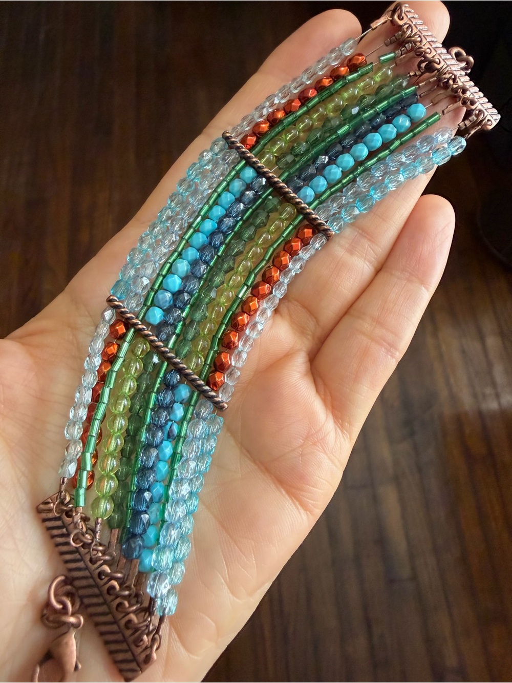 Vintage Avon Multi-Strand Beaded Wide Cuff Bracelet Copper Tone Boho